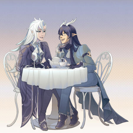 Neuvilette and Yuanxiang at a garden table, drinking water and tea respectively
