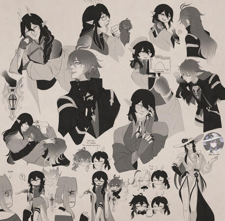 Doodles (Various). Mostly sketches of Yuanxiang and Flins interactions, with a cameo from a friend's oc (Crick)