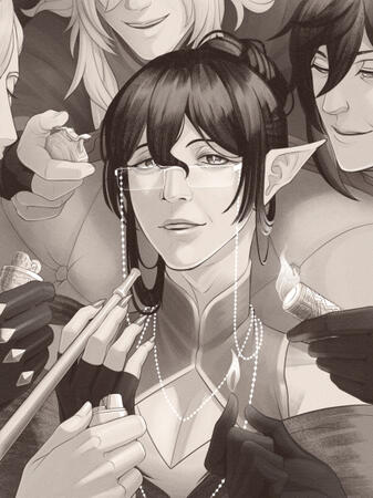 Yuanxiang being offered a light by various old men